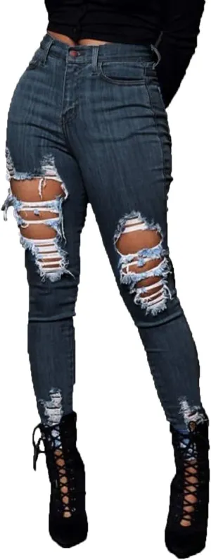 WUAI Women's Ripped Boyfriend Jeans Hight Waisted Stretch Distressed Skinny Jeans Jeggings Destroyed Denim Pencil Pants