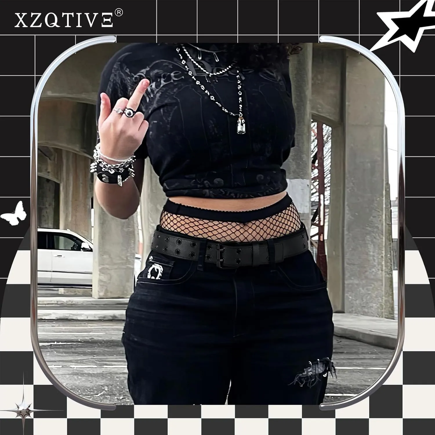 XZQTIVE Double Grommet PU Leather Belt for Women Men Punk metal Jean Belt Wide 1.5 Inch