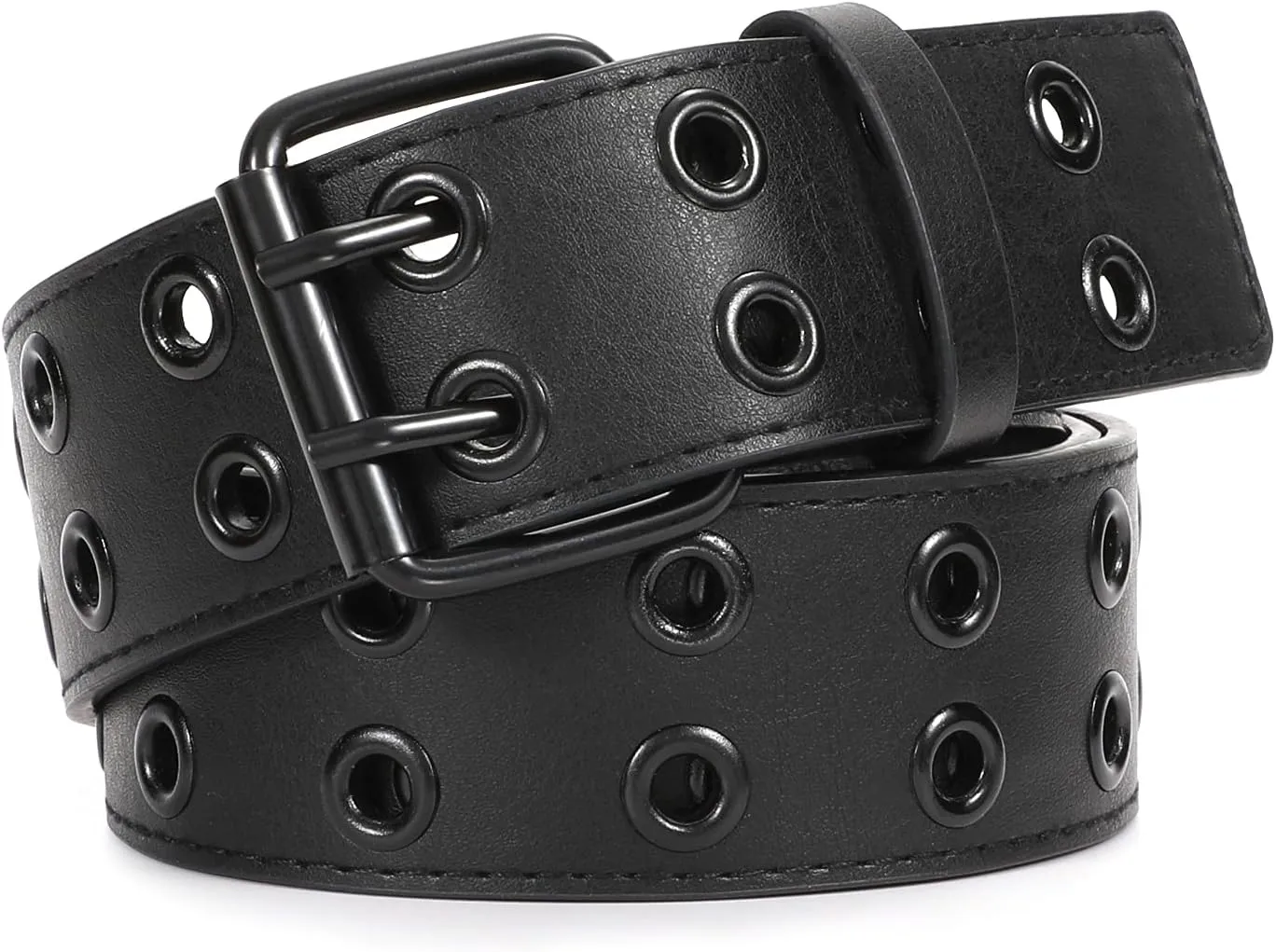 XZQTIVE Double Grommet PU Leather Belt for Women Men Punk metal Jean Belt Wide 1.5 Inch