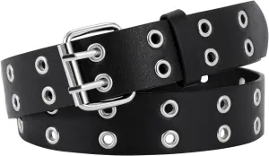 XZQTIVE Double Grommet PU Leather Belt for Women Men Punk metal Jean Belt Wide 1.5 Inch