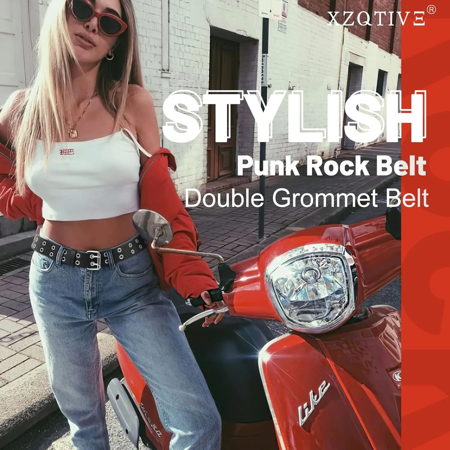 XZQTIVE Double Grommet PU Leather Belt for Women Men Punk metal Jean Belt Wide 1.5 Inch