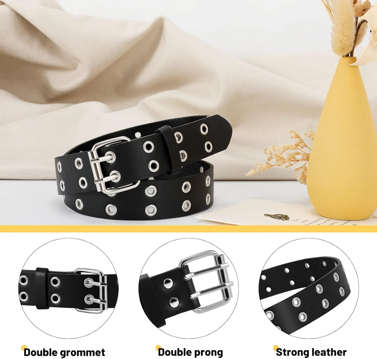 XZQTIVE Double Grommet PU Leather Belt for Women Men Punk metal Jean Belt Wide 1.5 Inch
