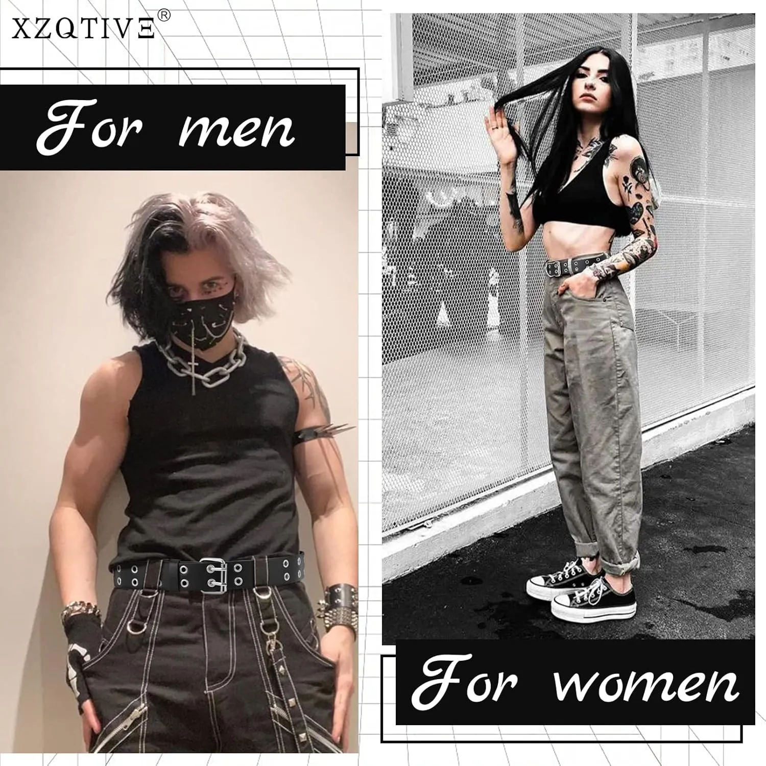 XZQTIVE Double Grommet PU Leather Belt for Women Men Punk metal Jean Belt Wide 1.5 Inch