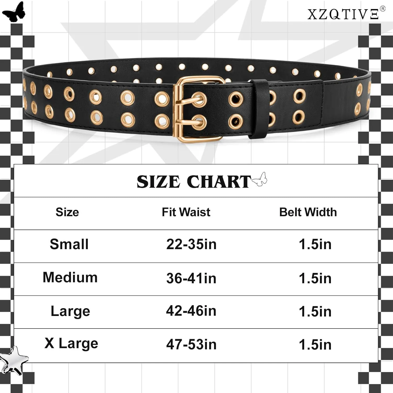 XZQTIVE Double Grommet PU Leather Belt for Women Men Punk metal Jean Belt Wide 1.5 Inch