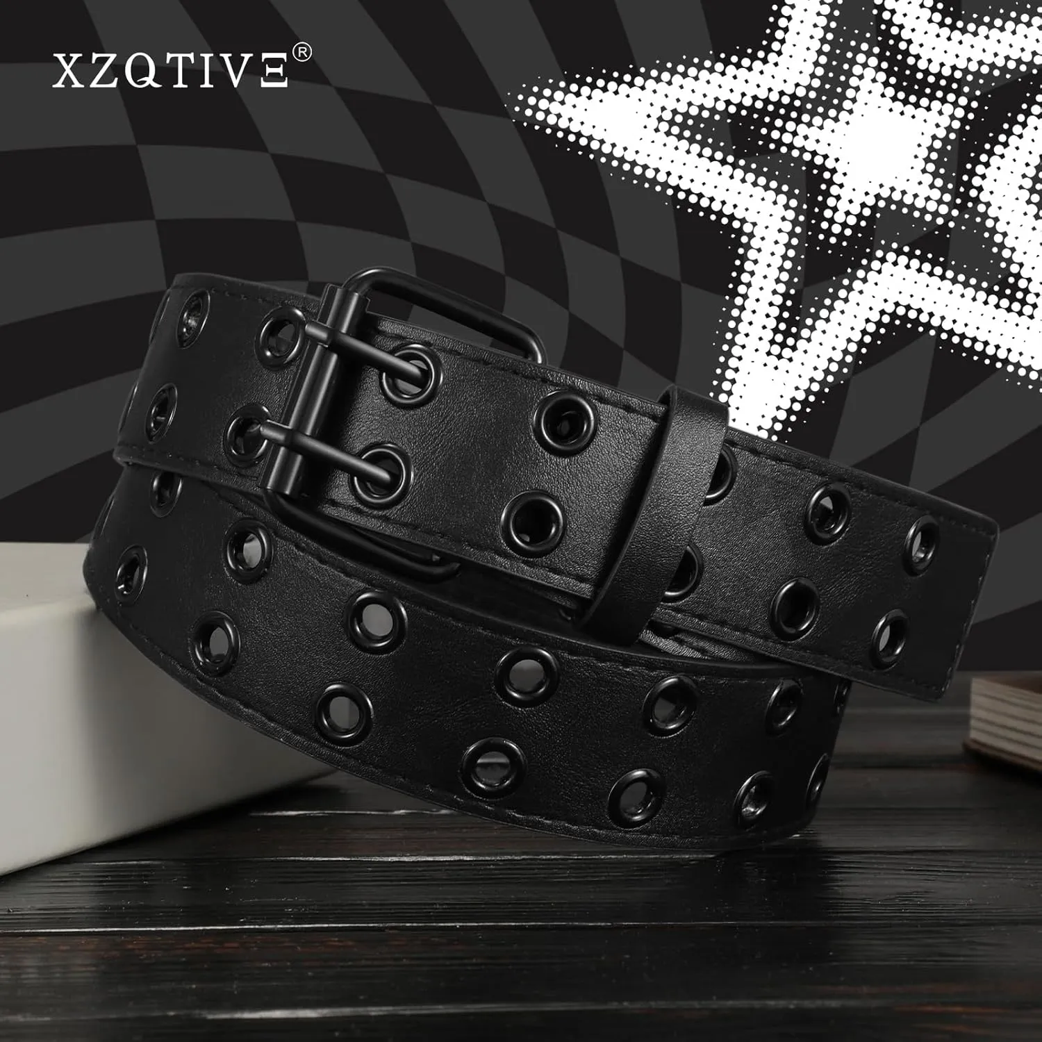 XZQTIVE Double Grommet PU Leather Belt for Women Men Punk metal Jean Belt Wide 1.5 Inch