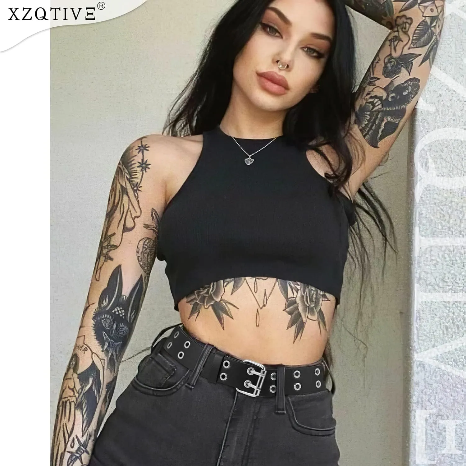 XZQTIVE Double Grommet PU Leather Belt for Women Men Punk metal Jean Belt Wide 1.5 Inch