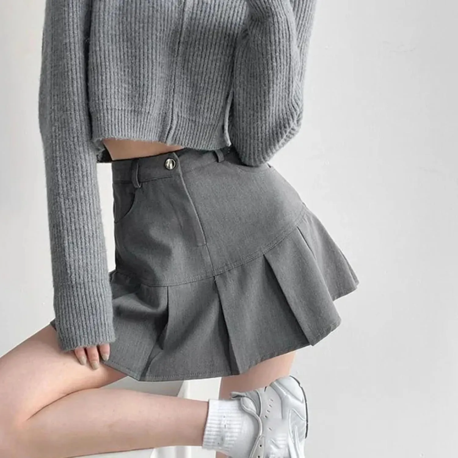 Y2K Women Pleated Mini Skirt High Waist Patchwork Pockets Female Summer Preppy Style All Match Ladies A Line Skirt