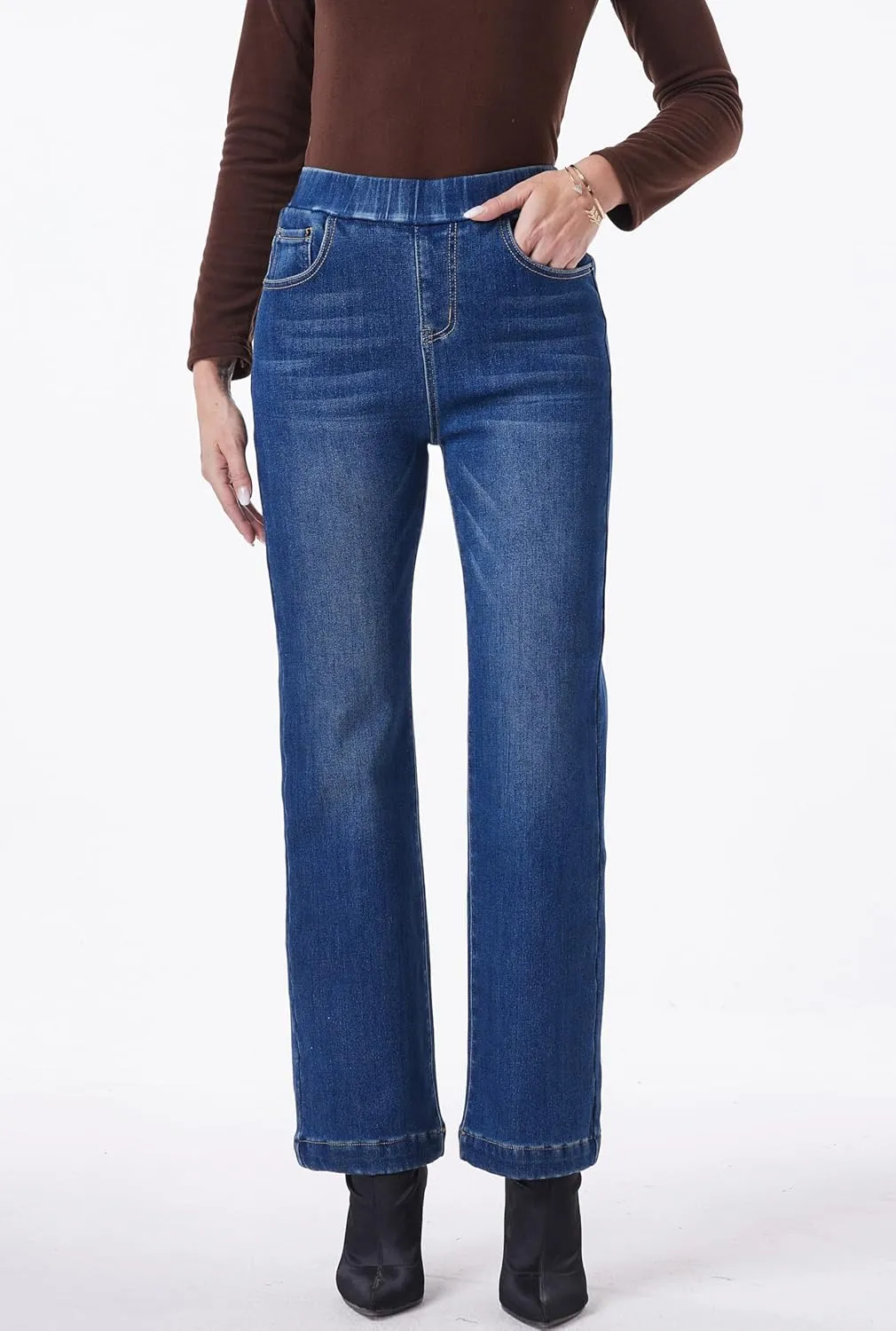 Yehopere Women's Fleece Lined Jeans High Waisted Wide Leg Jeans Winter Flannel Fleece Lined Jean