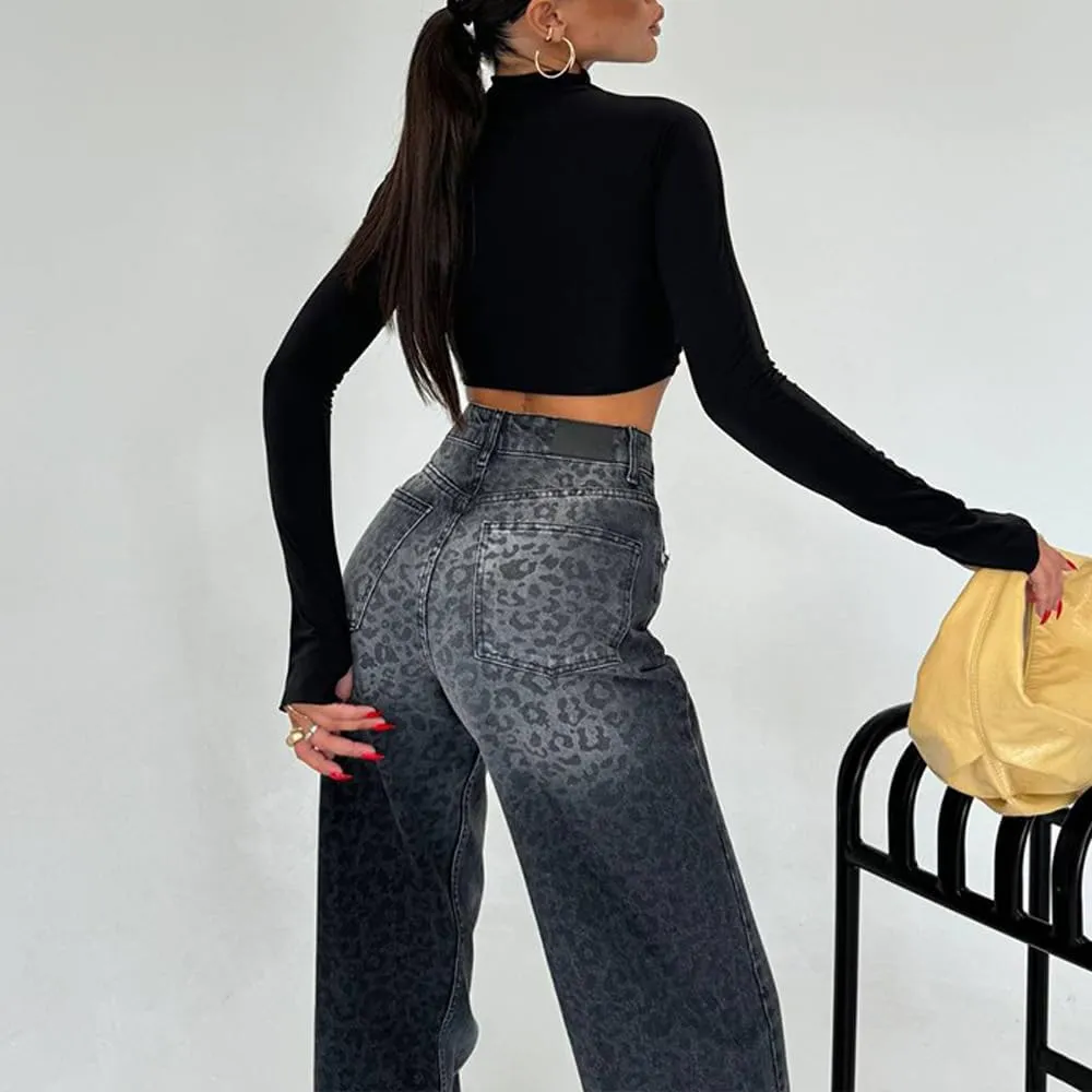yoeasy Womens Jeans Leopard Printed Straight Leg Casual High Waisted Stretch Trendy Vintage Denim Pants Jeans