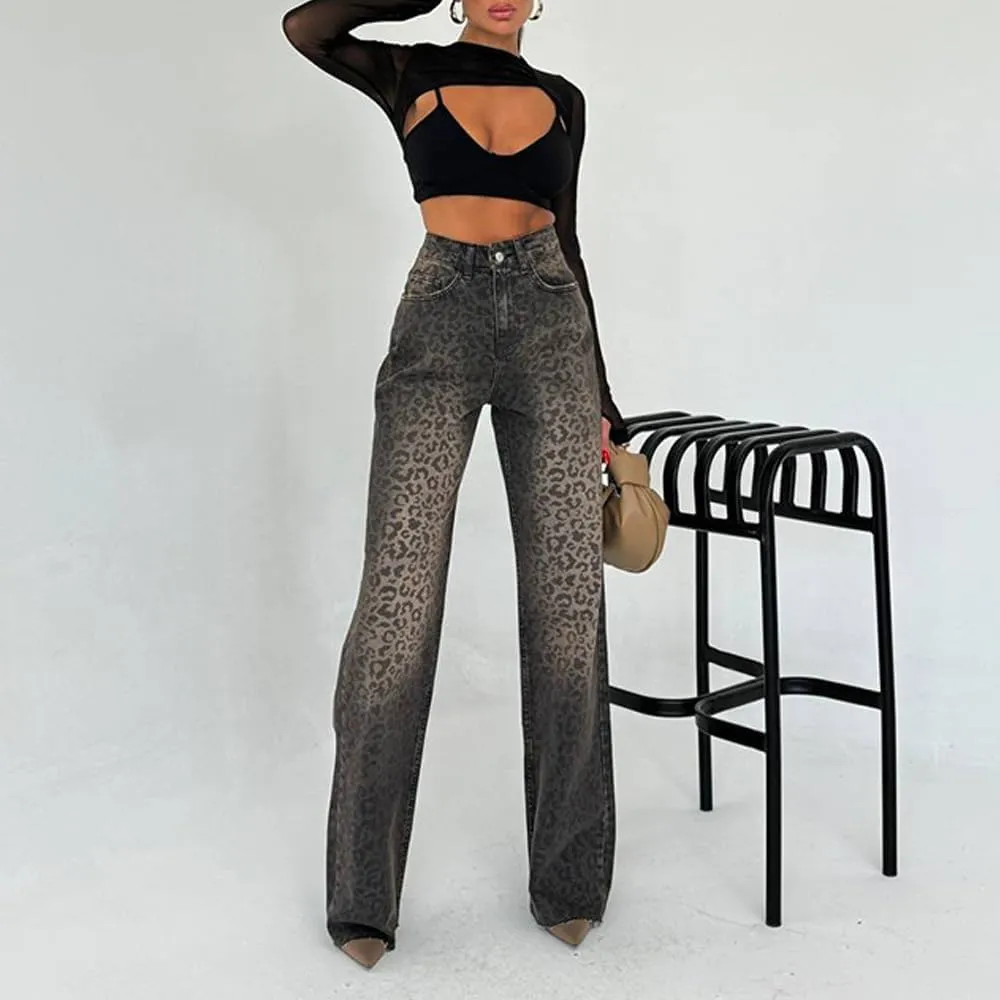 yoeasy Womens Jeans Leopard Printed Straight Leg Casual High Waisted Stretch Trendy Vintage Denim Pants Jeans
