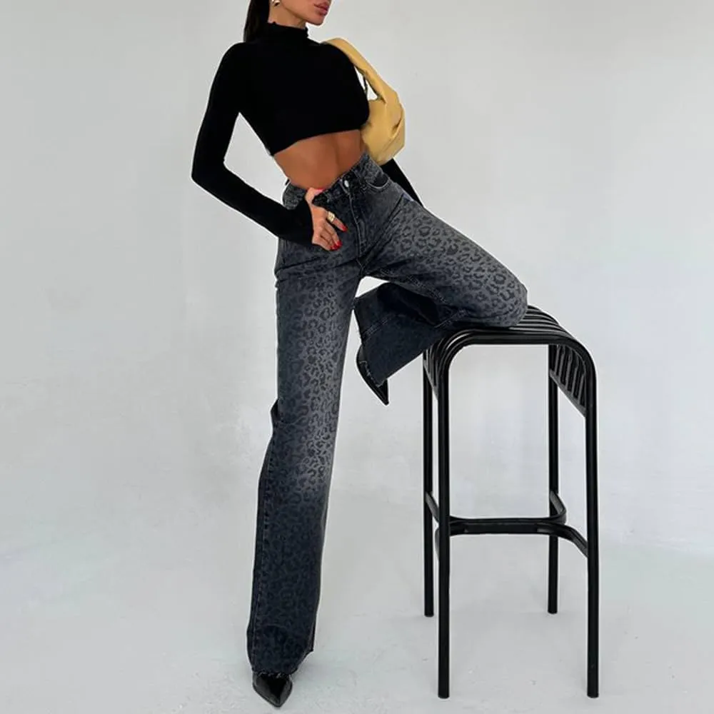 yoeasy Womens Jeans Leopard Printed Straight Leg Casual High Waisted Stretch Trendy Vintage Denim Pants Jeans