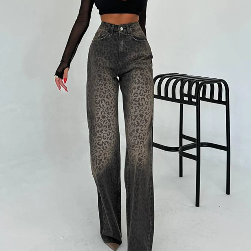 yoeasy Womens Jeans Leopard Printed Straight Leg Casual High Waisted Stretch Trendy Vintage Denim Pants Jeans