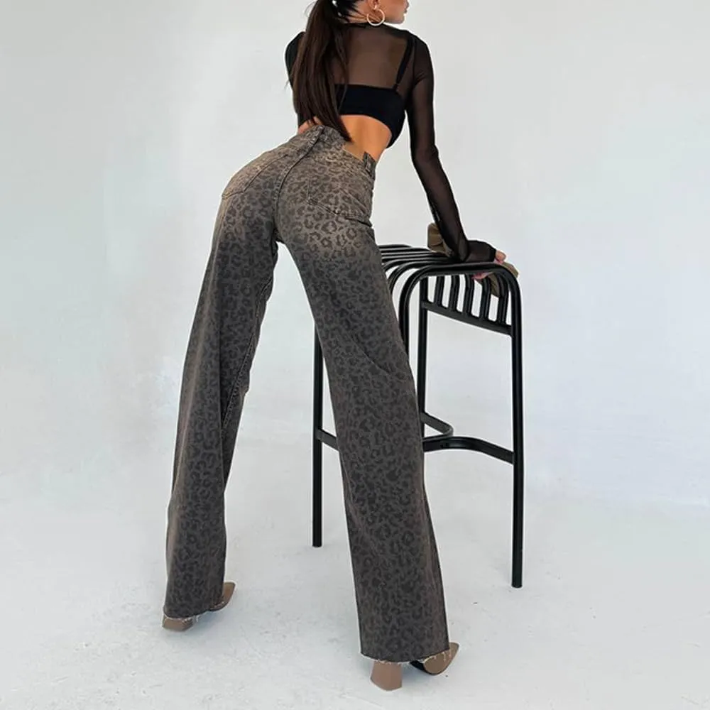 yoeasy Womens Jeans Leopard Printed Straight Leg Casual High Waisted Stretch Trendy Vintage Denim Pants Jeans