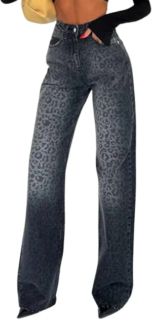 yoeasy Womens Jeans Leopard Printed Straight Leg Casual High Waisted Stretch Trendy Vintage Denim Pants Jeans