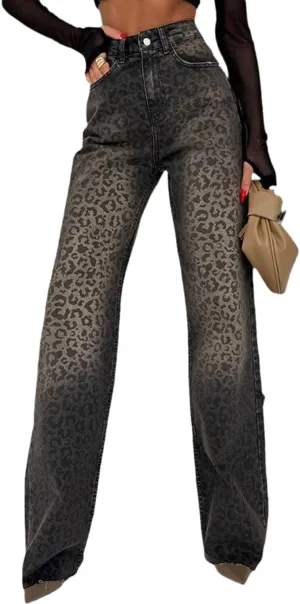 yoeasy Womens Jeans Leopard Printed Straight Leg Casual High Waisted Stretch Trendy Vintage Denim Pants Jeans