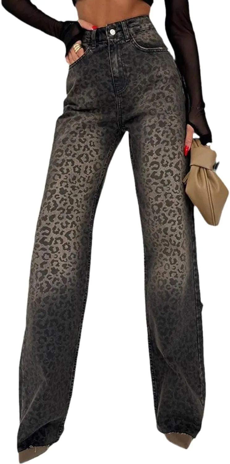 yoeasy Womens Jeans Leopard Printed Straight Leg Casual High Waisted Stretch Trendy Vintage Denim Pants Jeans