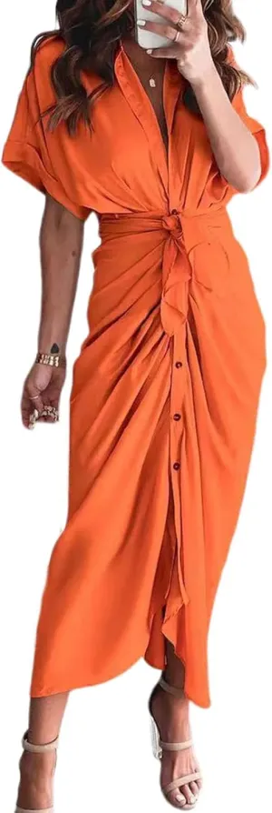 ZWRXW Dresses for Women Button Down Ruched Shirt Dresses Short Sleeve Lapel V Neck Maxi Dress Elegant Work Dress with Belt