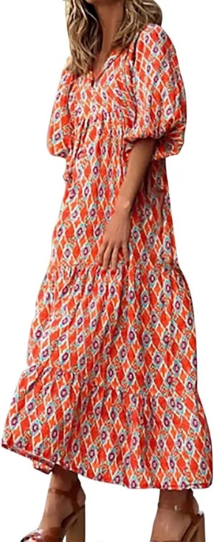 ZWRXW Plus Size Boho Maxi Dress for Women Loose Bohemian Floral Dress Half Sleeve Flowy A Line Long Dress Beach Swing Dress