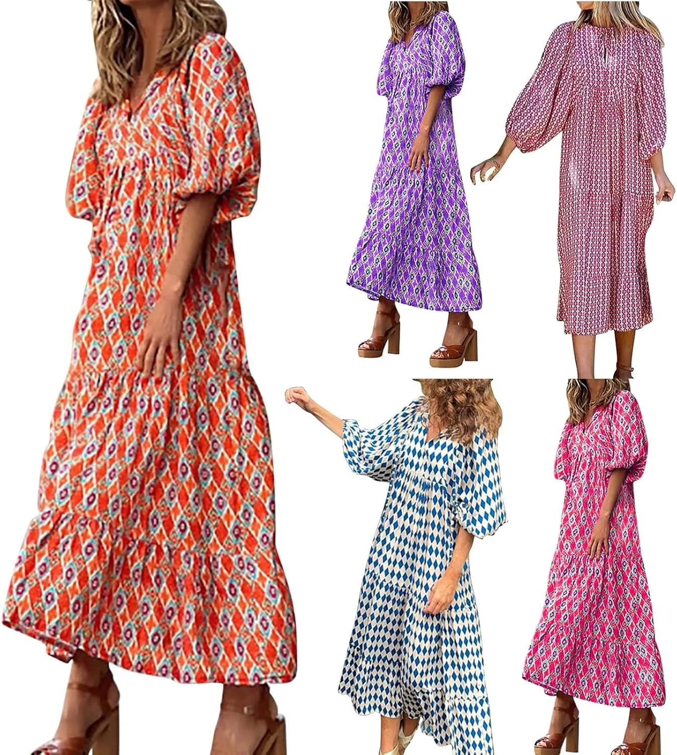 ZWRXW Plus Size Boho Maxi Dress for Women Loose Bohemian Floral Dress Half Sleeve Flowy A Line Long Dress Beach Swing Dress