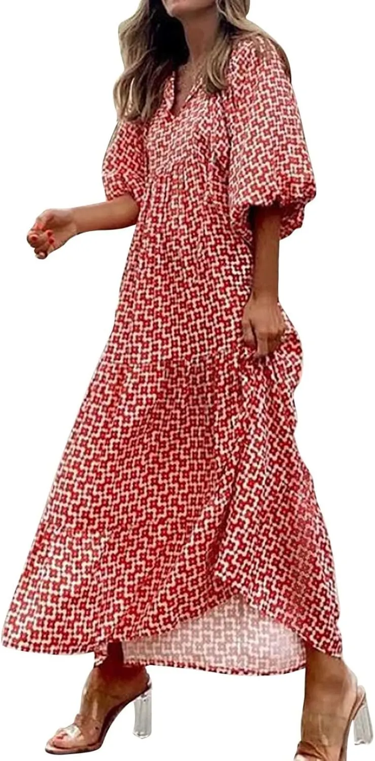 ZWRXW Womens Summer Boho Dresses Casual Loose Bohemian Floral Dress Short Sleeve Long Maxi Dress Flowy Swing Beach Dresses