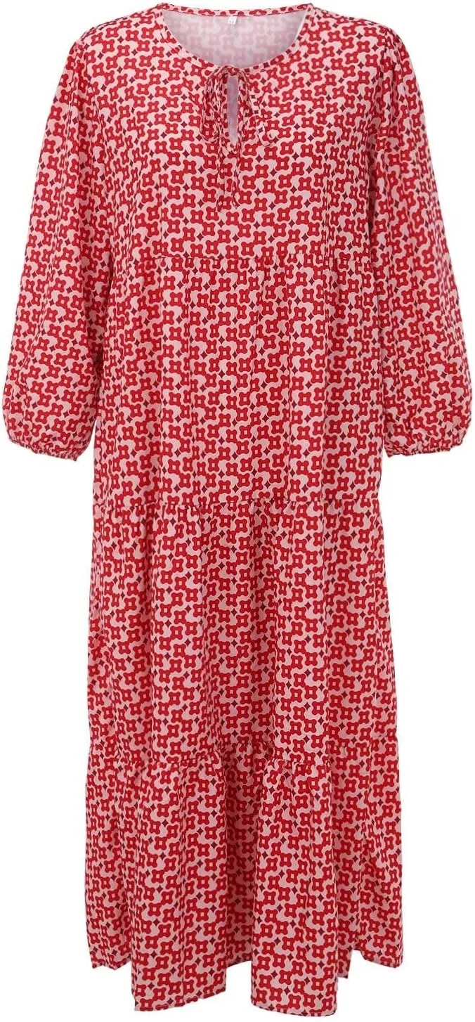 ZWRXW Womens Summer Boho Dresses Casual Loose Bohemian Floral Dress Short Sleeve Long Maxi Dress Flowy Swing Beach Dresses