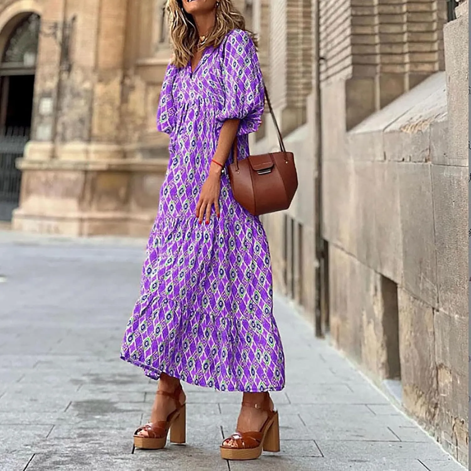 ZWRXW Womens Summer Boho Dresses Casual Loose Bohemian Floral Dress Short Sleeve Long Maxi Dress Flowy Swing Beach Dresses