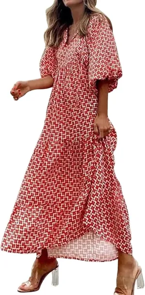 ZWRXW Womens Summer Boho Dresses Casual Loose Bohemian Floral Dress Short Sleeve Long Maxi Dress Flowy Swing Beach Dresses